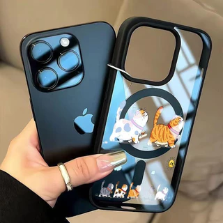 เคสโทรศัพท์ลายแมวน่ารักสำหรับ iPhone 13 Pro/11/12 Pro Max/14/15/16 Plus เคสแม่เหล็กคุณภาพสูงที่ช่วยปกป้องเลนส์กล้อง