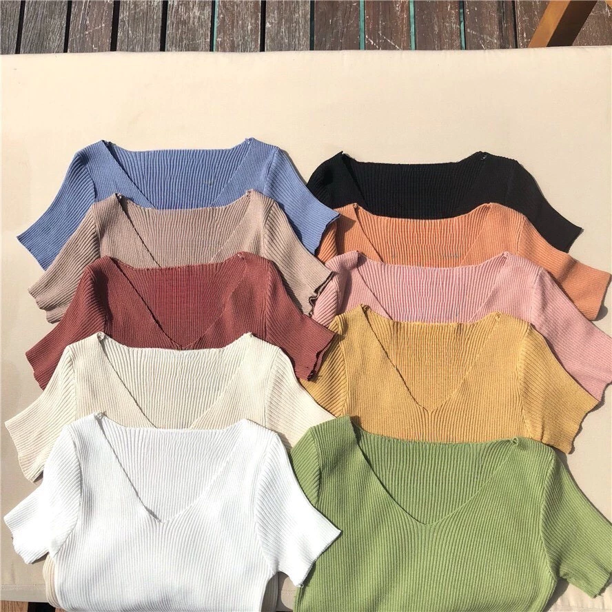 🌟Fairy🔥พร้อมส่ง‼️🔥 Knitted V-neck เสื้อไหมพรม คอวี สีพื้น เสื้อสไตล์เกาหลี💠 #9966