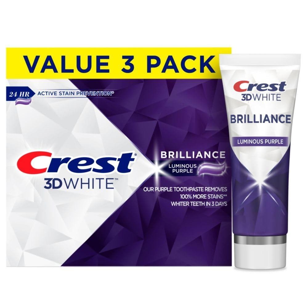 Crest 3D White Brilliance Luminous Purple ยาสีฟันฟอกสีฟัน, 4.6 ออนซ์แพ็ค 3 ช่อง, ยาสีฟันป้องกันฟลูออ