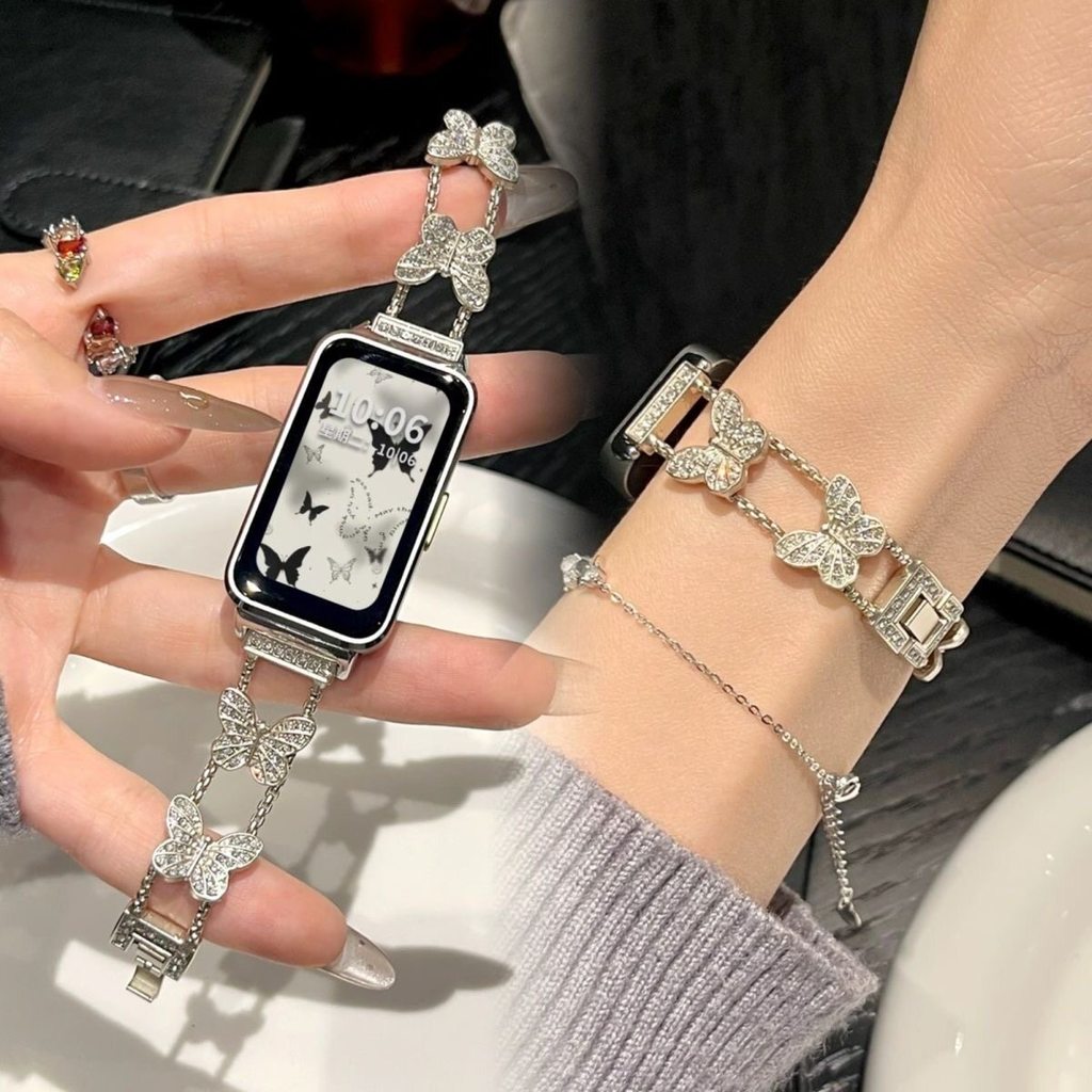 สายนาฬิกาแฟชั่นหรูหราประดับเพชรและผีเสื้อ สำหรับ Huawei Band 11, Band 11 Pro, Huawei Band 8 9 10, สายรัดข้อมือสมาร์ทวอทช์สำหรับผู้หญิง ทำจากสแตนเลส