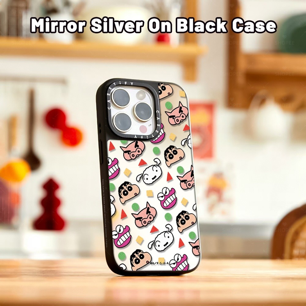 CASETIFY การ์ตูนน่ารักอะนิเมะ IP Crayon Shinchan & Buddies Cool กันกระแทกสีดําเงินกระจกเคสโทรศัพท์สํ