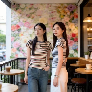 เสื้อยืด ลายทาง แขนสั้นทรงเข้ารูปสวย ช่วยเสริมสรีระให้ดูเพรียวบาง