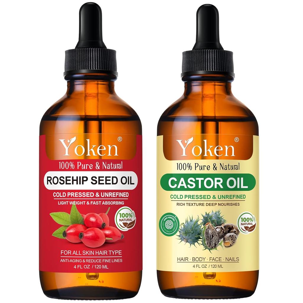 Rosehip Seed Oil 4oz & Castor Oil 4oz Set: in Glass Dropper Bottle, Pure & Natural, EWG Verified Org