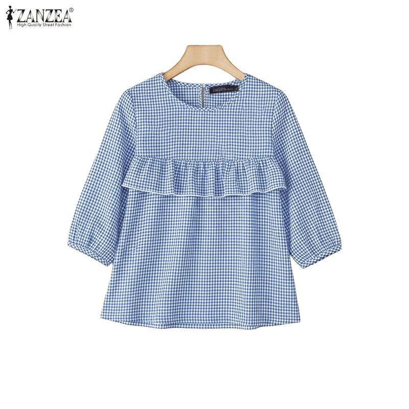 ZANZEA เสื้อลูกเรือวินเทจสไตล์เกาหลีสำหรับผู้หญิง แขน 3/4 ลายเช็กเกอร์ มีระยิบระยับและขอบกระพี้