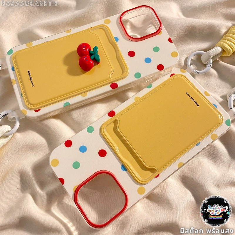 ส่งในพื้นที่ เคสสำหรับไอโฟน17 ลายจุดสีเหลือง เคสช่องใส่การ์ด สายข้อมือ For iPhone17 16 11 12 13PROMAX 14 15PLUS 7/8 SE2