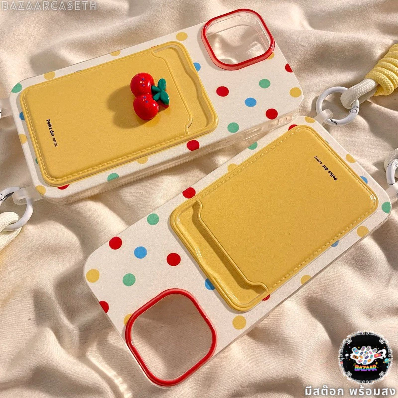 ส่งในพื้นที่ เคสสำหรับไอโฟน17 ลายจุดสีเหลือง เคสช่องใส่การ์ด สายข้อมือ For iPhone17 16 11 12 13PROMAX 14 15PLUS 7/8 SE2