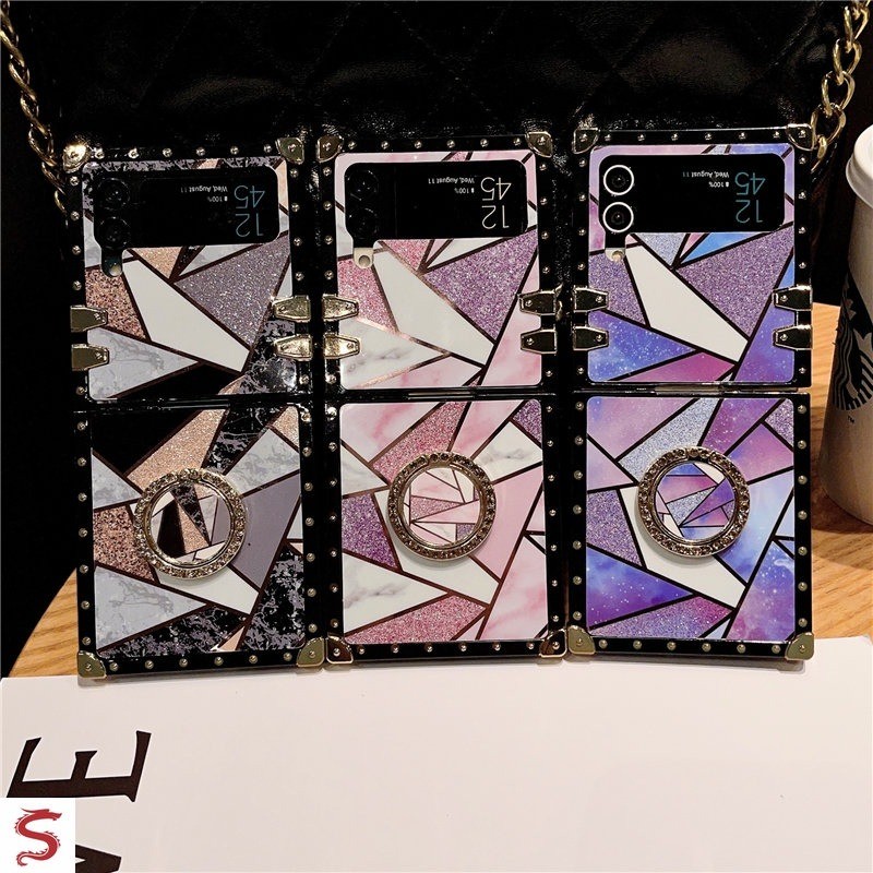 ปลอก Samsung Galaxy Z Flip3 Z Flip4 Flip5 Flip6 Flip7 แฟชั่นไล่โทนสี Glitter Marble Square เคสโทรศัพท์กันกระแทกพร้อมที่วางแหวน