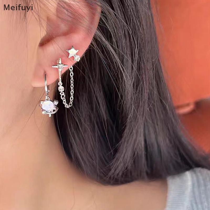 [Meifuyi] 6 ชิ้นชุด Goth Punk คริสตัล Moon Cross Star จี้ต่างหูสําหรับผู้ชายผู้หญิง Y2K Vintage Aest