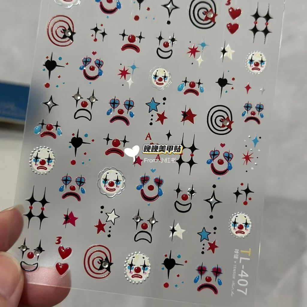 น่ารักสไตล์ใหม่ฮาโลวีนตัวตลกหน้ากากตัวตลกร้องไห้สติกเกอร์แต่งเล็บตลกซอก ทําเอง ตกแต่งเล็บ