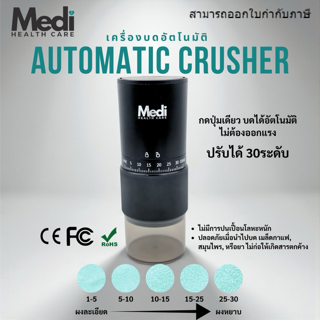 Medi ที่บดยาอัตโนมัติ ปรับความละเอียดได้ 30 ระดับ กดเพียงปุ่มเดียว บดเม็ดแข็ง กาแฟ สมุนไพร ยาได้
