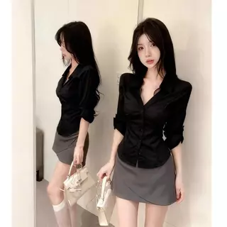 เสื้อเชิ้ตทรงเข้ารูป แต่งลูกไม้ คอปกวีหน้า แฟชั่นฤดูใบไม้ผลิสไตลืOL เกาหลี เซ็กซี่เล็กน้อย-พร้อมส่งจากไทย-รุ่น99336