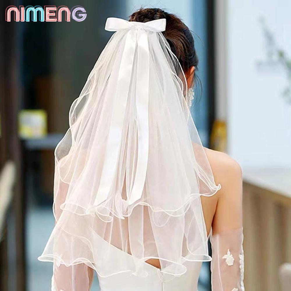 ผ้าคลุมหน้าเจ้าสาว สีขาว พร้อมติดผมและเม็ดไข่มุก ขนาด 21.6 นิ้ว
