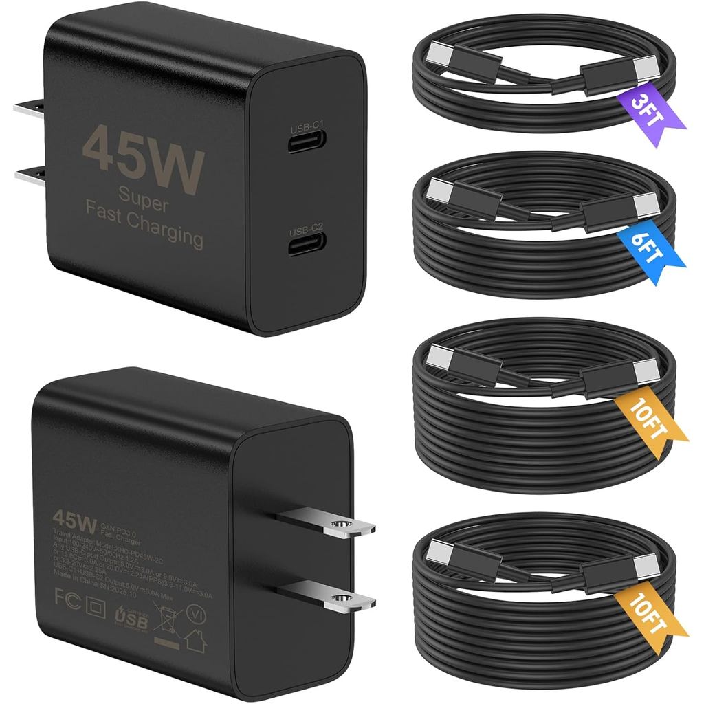Super Fast Samsung Charger Type C, 2 แพ็ค 45W Dual Port USB C Fast Charger Block ยาว 60W 3/6/10/10FT