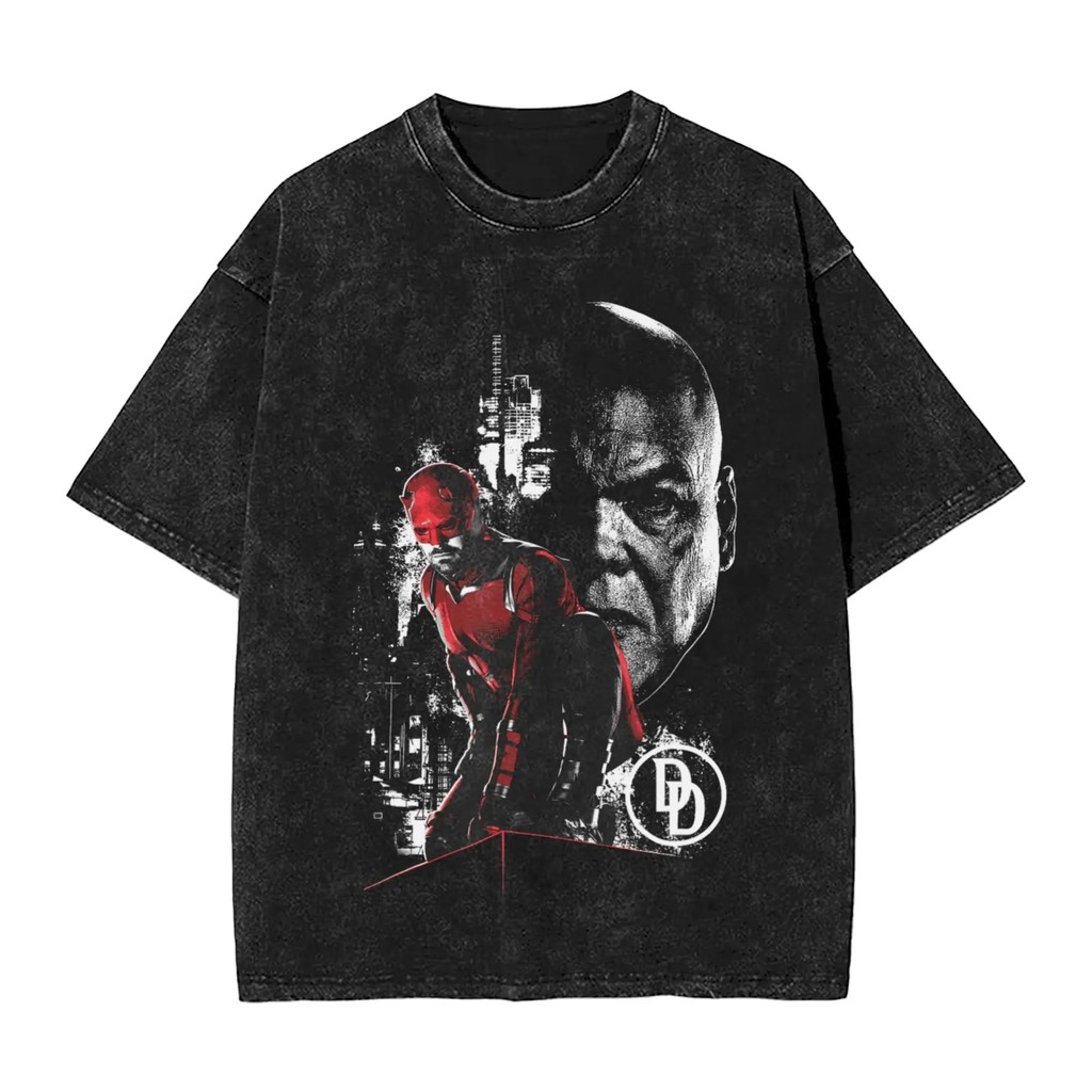 เสื้อยืดMarvel Graphic พร้อมภาพDaredevil, KingpinและDevil ทำจากผ้าฝ้ายHeavyweight ล้างสั้น-SLEEVE