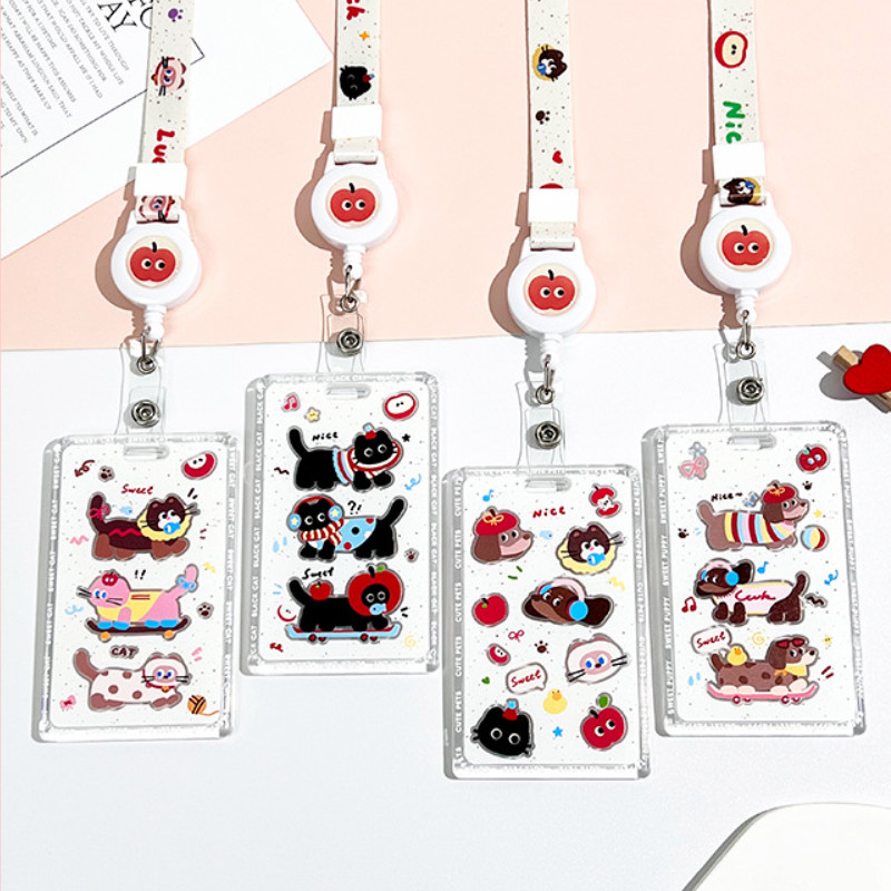 การ์ตูนแมวถือบัตรพิมพ์ ถุงใส่บัตร ซองใส่ป้ายนักเรียนนักเรียนฝาปิดบัตรน่ารักซองเอกสารป้องกัน
