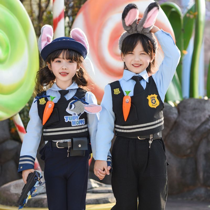 男女童兔子警官演出服儿童cos朱迪套装春秋款幼儿园小学生表演服3-23Boys and Girls Bunny Police Officer Cos Children's Judy Cosplay O