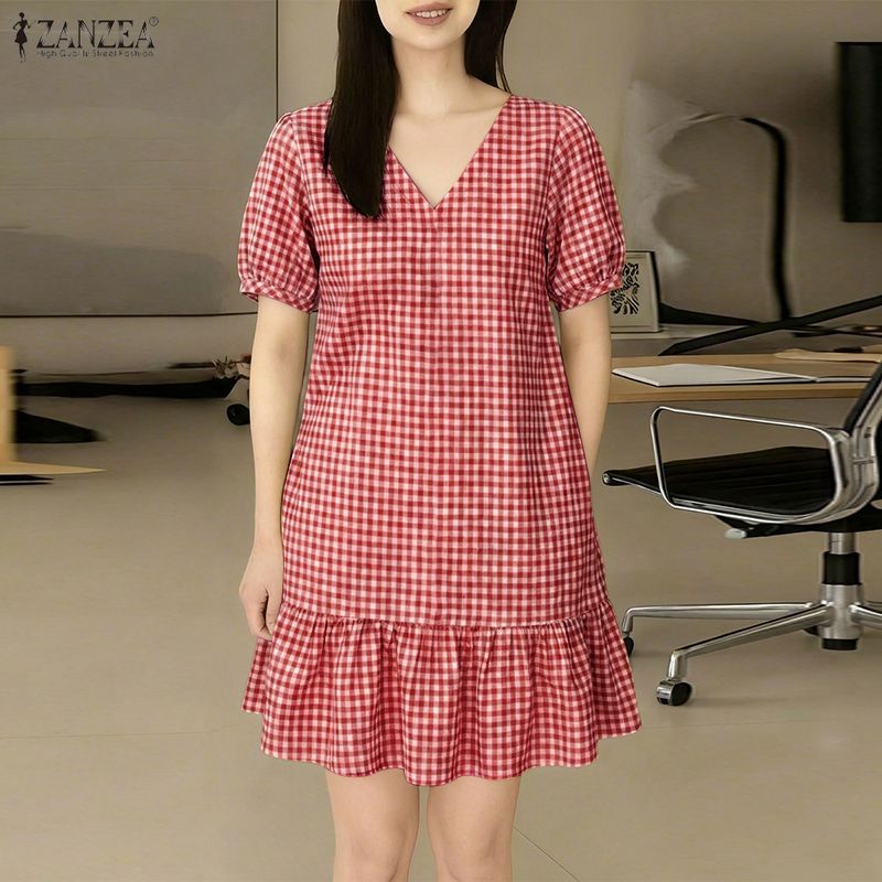 ZANZEA ผ้าคลุมไหล่ คอวีแขนสั้นพัฟแขนลายสก๊อต สไตล์เกาหลีสำหรับผู้หญิง — صورة 5