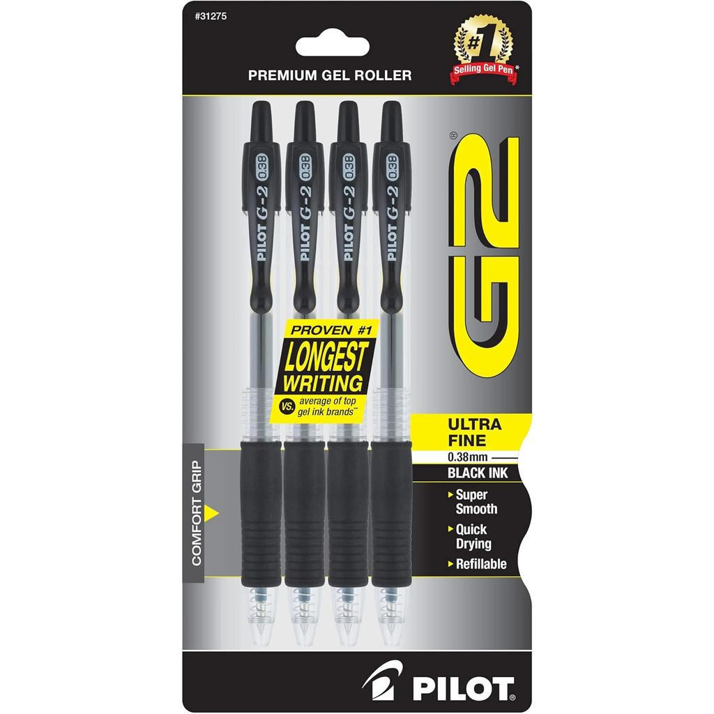 Pilot, G2 Premium Gel Roller Pens, ปากกาเจล Ultra Fine Point 0.38 มม., แพ็ค 4 ชิ้น, สีดํา