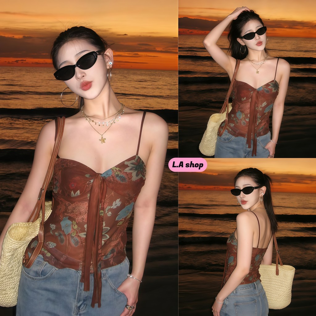 L.A Shop★พร้อมส่ง ผู้หญิง 2026 เสื้อสายเดี่ยวสีน้ำตาลเข้ม สไตล์โบฮี่เมี่ยน ริบบิ้น -FY1189
