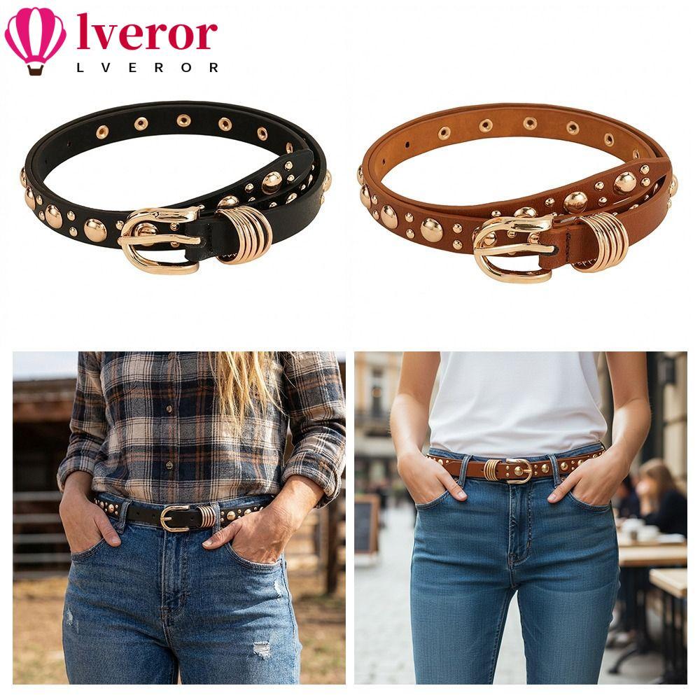 LVEROR Inlaid Gold Mushroom Stud Belt, Metal Buckle Pu Leather Rivet Heavy Metal Belt, Thin Jeans Be