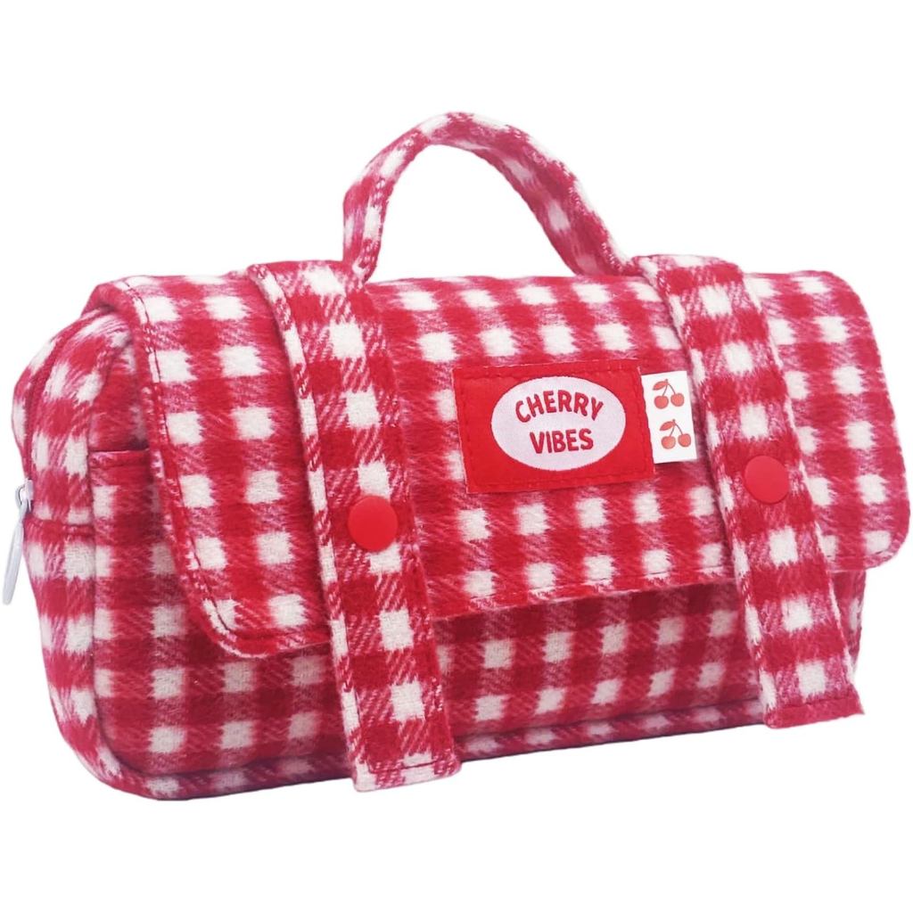 กล่องดินสอลายหมากรุกน่ารักลายสก๊อตสีขาวสีแดงกระเป๋าใส่ปากกาลายกิ่งแฮมความจุขนาดใหญ่พร้อมที่จับที่เก็