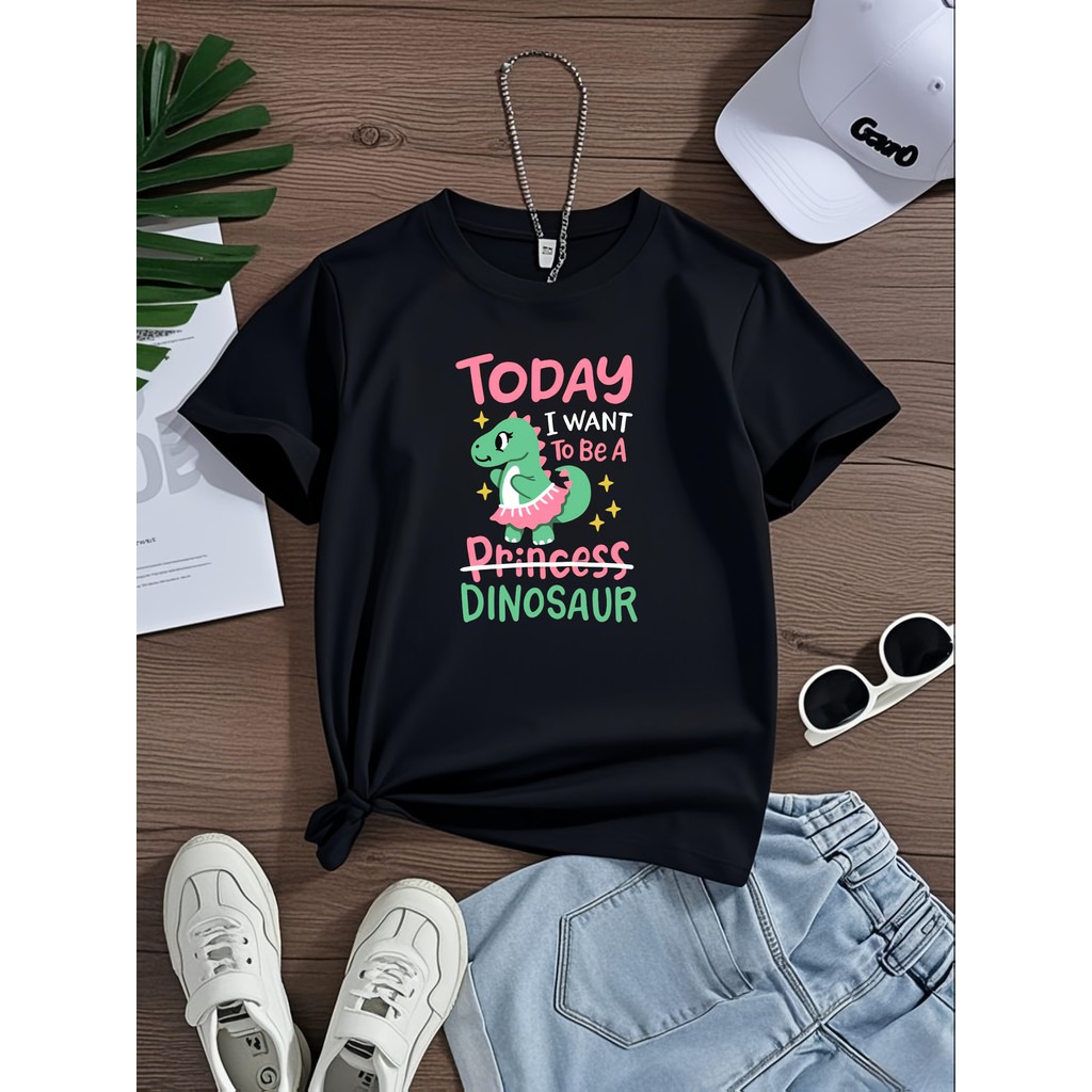 เสื้อยืดการ์ตูนไดโนเสาร์สำหรับเด็กผู้หญิง แบรนด์ Mo Qitong สไตล์ลำลอง