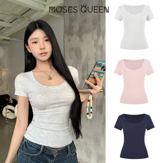 MOSESQUEEN เสื้อยืดแขนสั้นสำหรับฤดูร้อน แบบทรงกระชับและสวมใส่ง่าย ดีไซน์ทันสมัยสำหรับผู้หญิง #62857