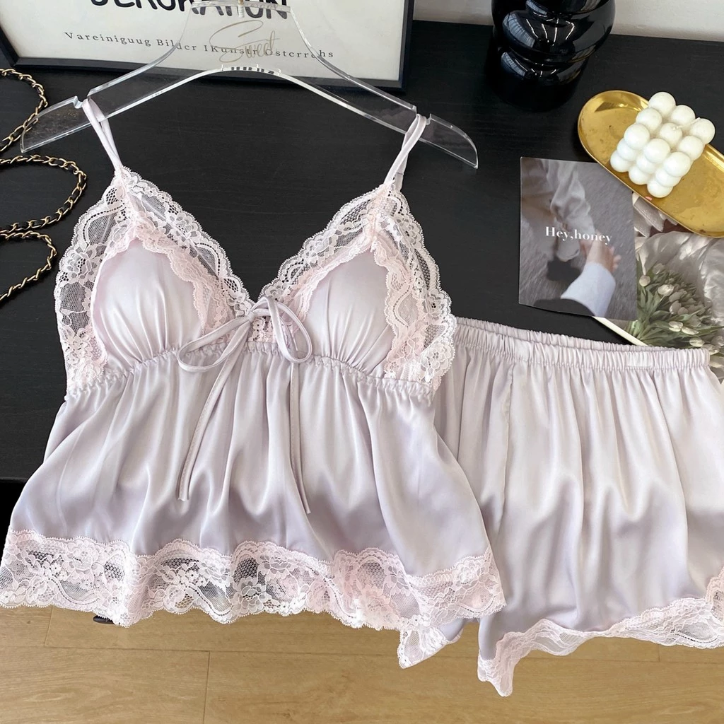 SATIN SEXY ชุดนอนสไตล์ฝรั่งเศส ชุดนอนสไตล์ใหม่ สำหรับผู้หญิง ขอบลูกไม้ 🐛 M-5XL | 40-100กก. S-527