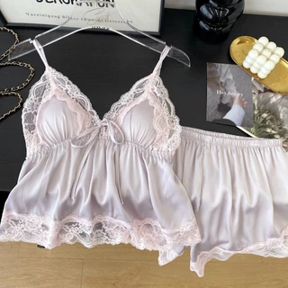 SATIN SEXY ชุดนอนสไตล์ฝรั่งเศส ชุดนอนสไตล์ใหม่ สำหรับผู้หญิง ขอบลูกไม้ 🐛 M-5XL | 40-100กก. S-527