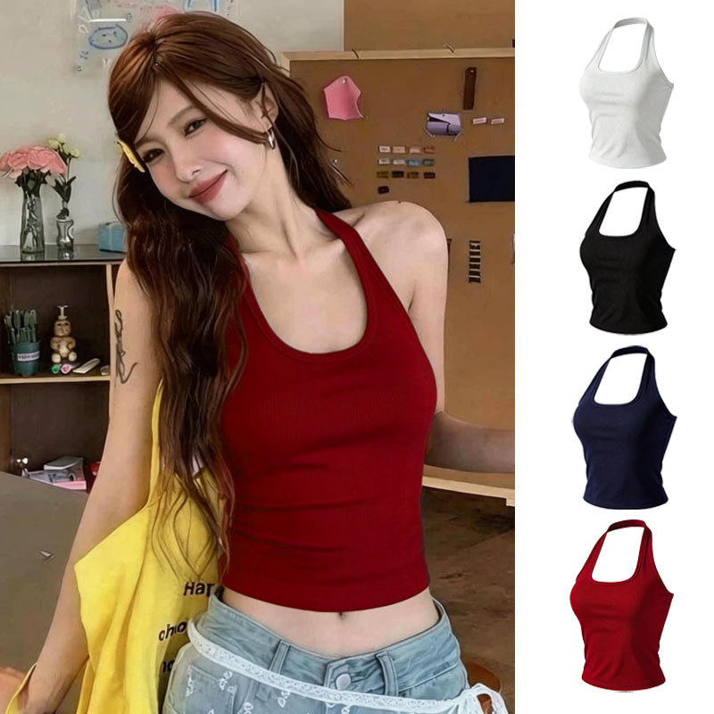 สไตล์เกาหลีทันสมัย TEE·SHOP เสื้อกล้ามผู้หญิง คอสายคล้องคอ หลังเปิดเซ็กซี่ ใส่สบายทุกวัน (จัดส่งกรุงเทพฯ) COD