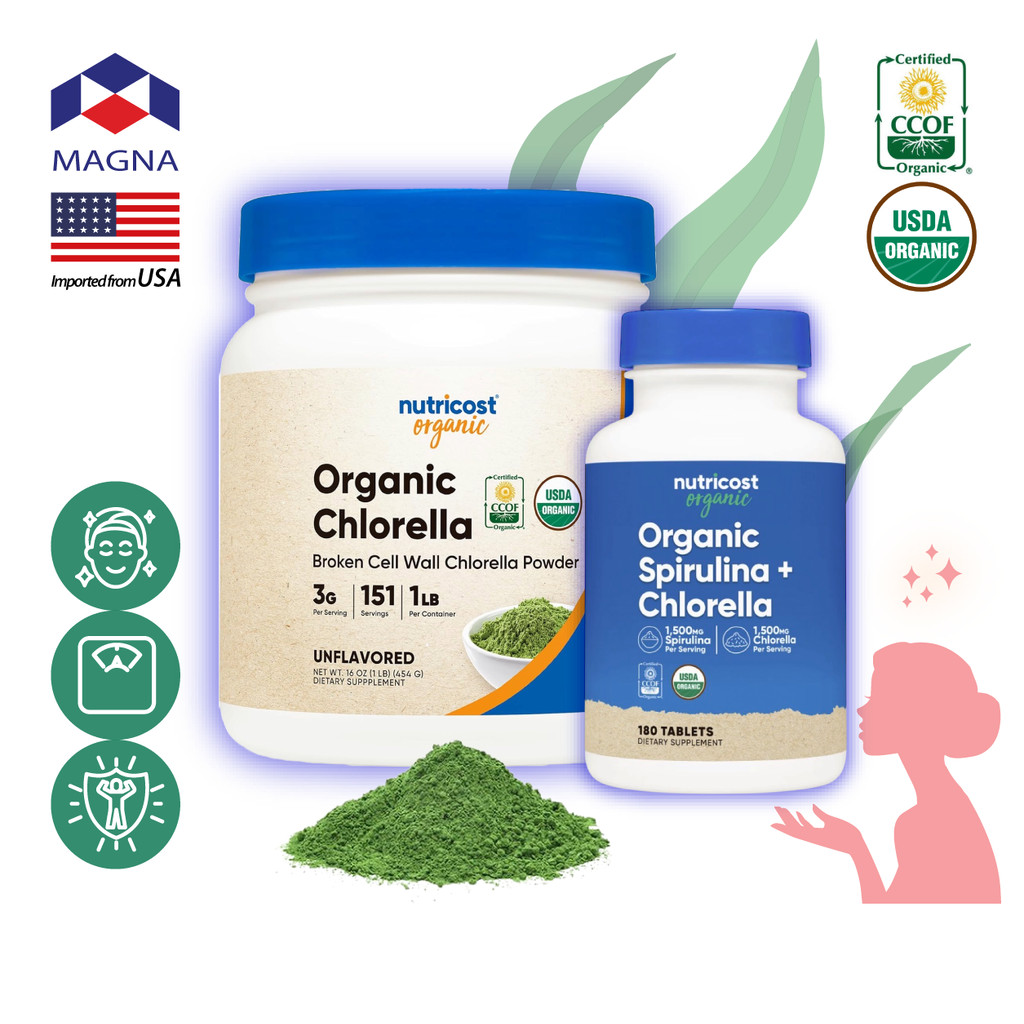 นูทรีคอสท์ สไปรูลิน่า + คลอเรลล่า ผง / เม็ด สาหร่าย ออร์แกนิค ซูเปอร์ฟู้ด Nutricost Spirulina + Chlorella Algae Super...