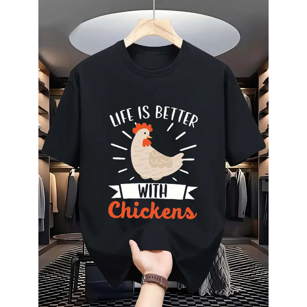 ทีเชิ้ตผู้ชายสีดำผ้าฝ้ายพิมพ์ไก่ ระบายอากาศได้และมีสไตล์ เหมาะสำหรับการช้อปปิ้งในวันหยุด