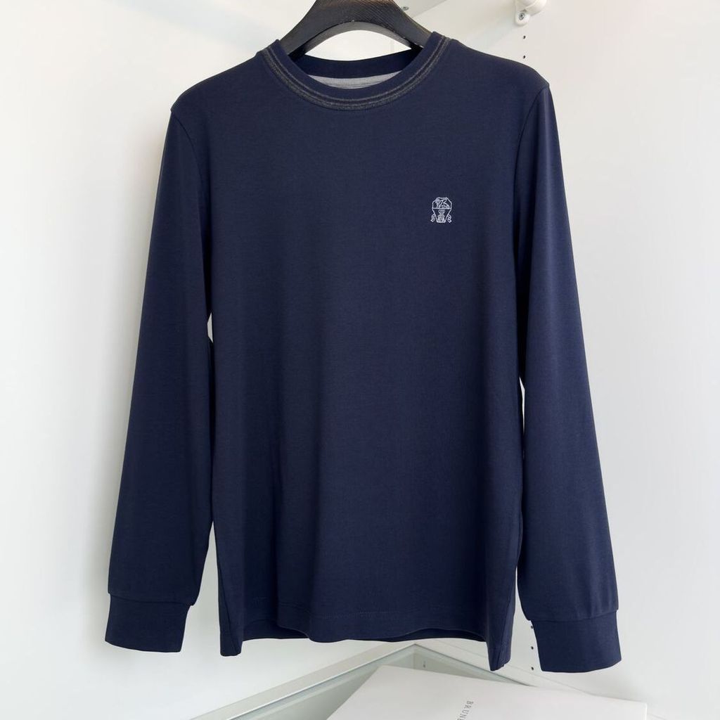 FTPM Brunello Cucinelli เสื้อผ้าผู้ชายธุรกิจสบายๆเย็บปักถักร้อยสีทึบ All-Match ถัก Bottoming ผู้ชายร