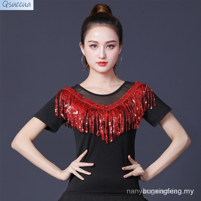 Qsuccua ผู้ใหญ่สุภาพสตรี Square Dance Sequined พู่แขนสั้น Top Practice Performance เครื่องแต่งกาย IG