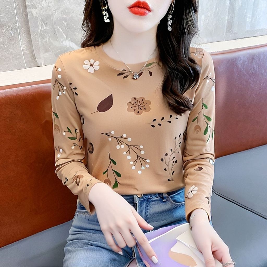 COD เสื้อยืดแขนยาวสไตล์ใหม่ผู้หญิงพิมพ์ Simple All-Match สุภาพสตรี Bottoming เสื้อฤดูใบไม้ร่วงฤดูหนา