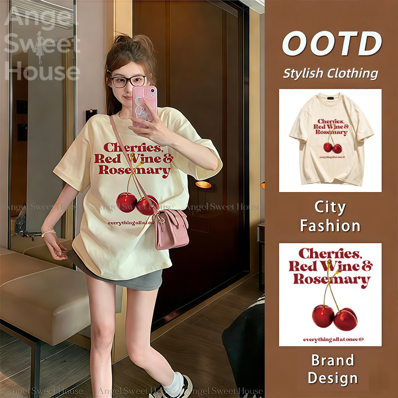COD Angle Official เสื้อเชอรี่  เสื้อยืด oversize 100%Cotton แขนสั้นพิมพ์ลายเชอร์รี่หลวม สตรีทแฟชั่น เสื้อเชิ้ต เกาหลี