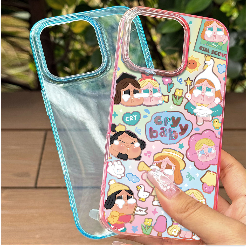 เคสโทรศัพท์สีฟ้าและชมพูใส ลายการ์ตูนน่ารัก ใช้ได้กับ iPhone 13Pro/11/12 Pro Max/14/15/16 เคสใสคุณภาพสูง พร้อมปกป้องเลนส์