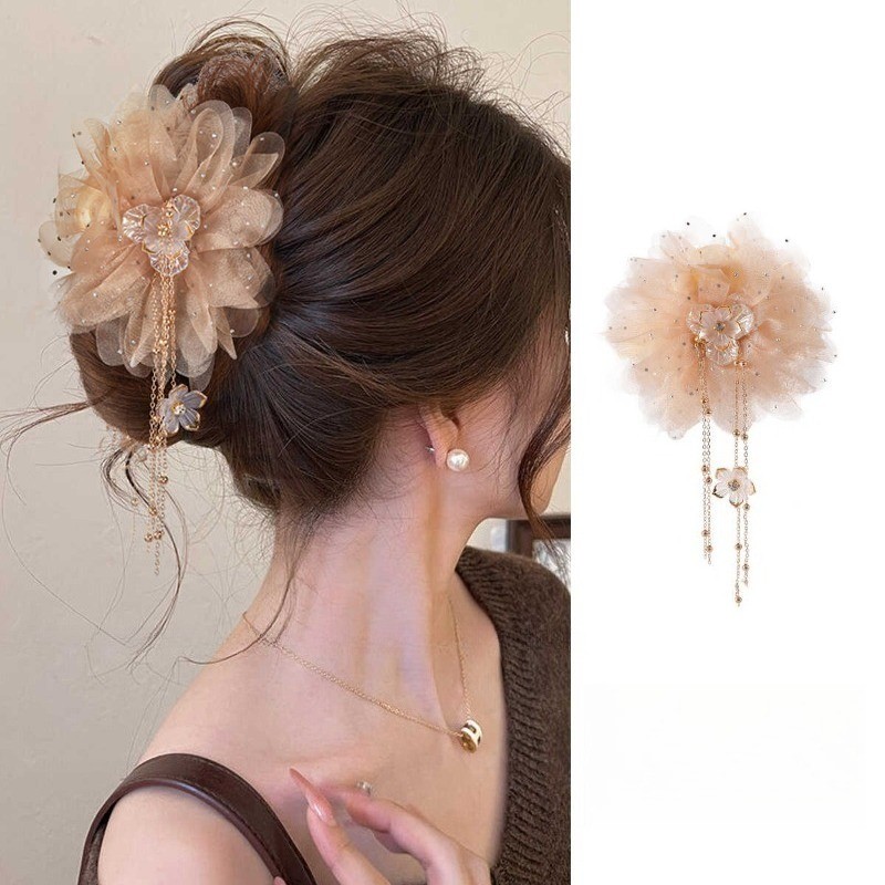 กิ๊บติดผมตาข่ายพู่แฟชั่นเกาหลีสำหรับผู้หญิง ตกแต่งด้านหลังศีรษะอย่างสวยงาม - รูปที่ 2