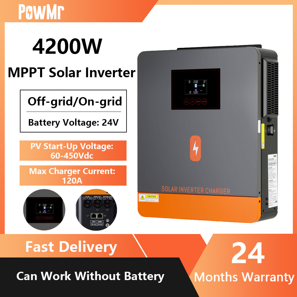 PowMr 4.2KW 24V Hybrid Solar Inverter 450Vdc Max Pv Input ในตัว 120A Solar Charger Controller Pure S