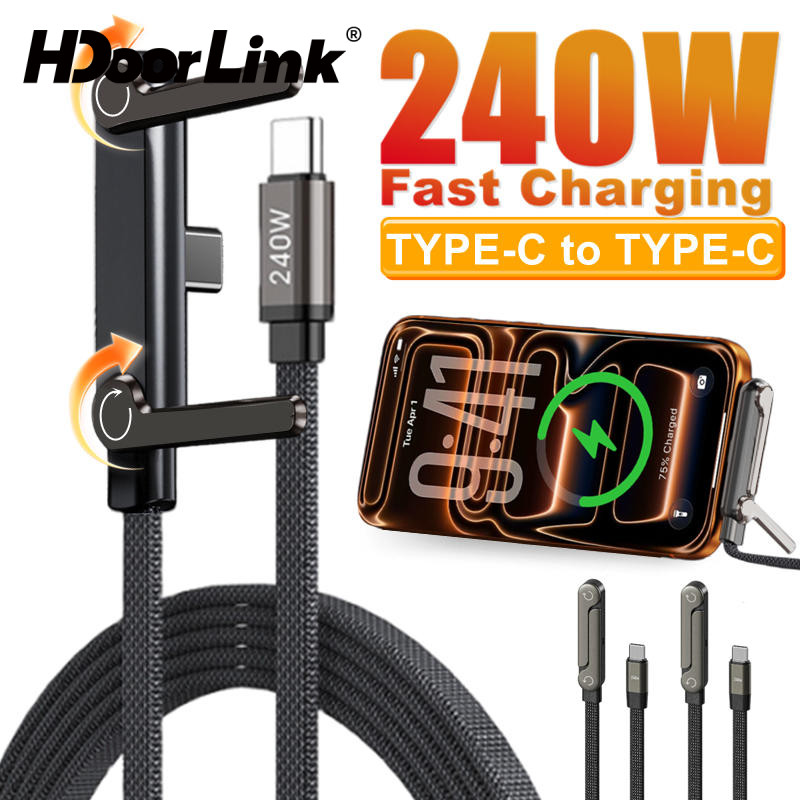 HdoorLink 240W PD Type C สายชาร์จเร็วพร้อมที่วางโทรศัพท์ขาตั้งสําหรับการเล่นเกมวิดีโอ 90°Ellow Data Cord สําหรับโทรศัพท์ 17 16 15 PM
