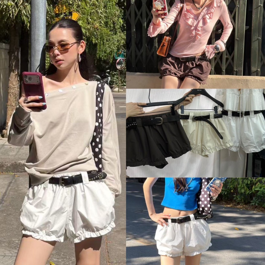 ❤ 🧵 🇰🇷 SU070 กางเกงขาสั้น ทรงบอลลูน  เอวสมอค มีช่องใส่เข็มขัดให้ด้วยนะคะ แฟชั่นเกาหลี TAG MM Fish 🧵🧡