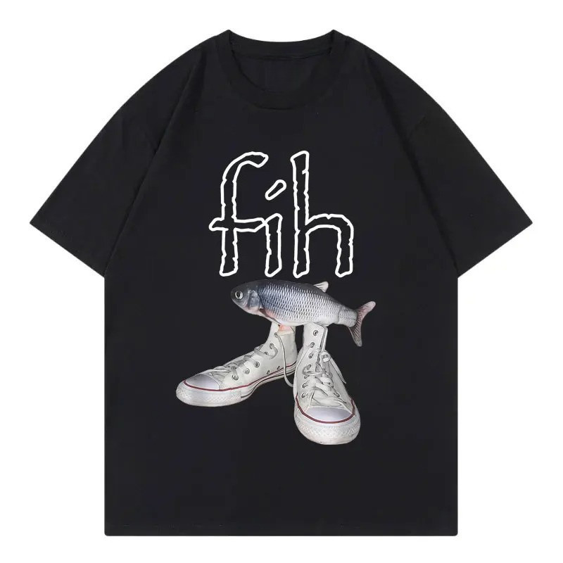 รูปแบบใหม่ Fih รองเท้า เสื้อยืดกราฟิก ตลกผิดการเขียนปลา Meme เสื้อยืด Baju Distro Lelaki Wanita