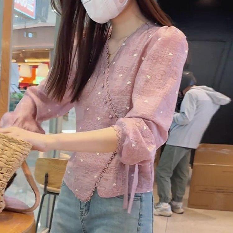 mimi&didi#เสื้อเชิ้ตคอวี แขนยาว สไตล์ฝรั่งเศส สำหรับผู้หญิง การออกแบบพื้นผิวที่ประณีตงดงาม ใส่หน้าร้อน ทรงหลวม#W702