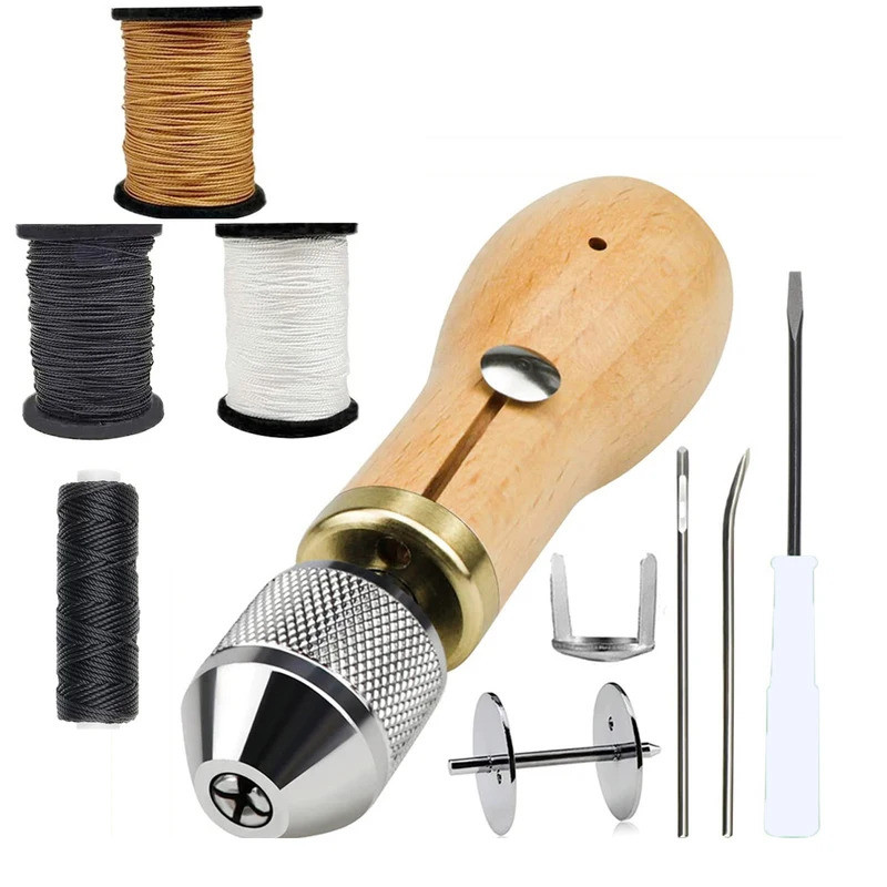 Leather Sewing Machine Kit with Handheld Sewing Machine, Two Needles, Three Shoe Threads in Black Wh