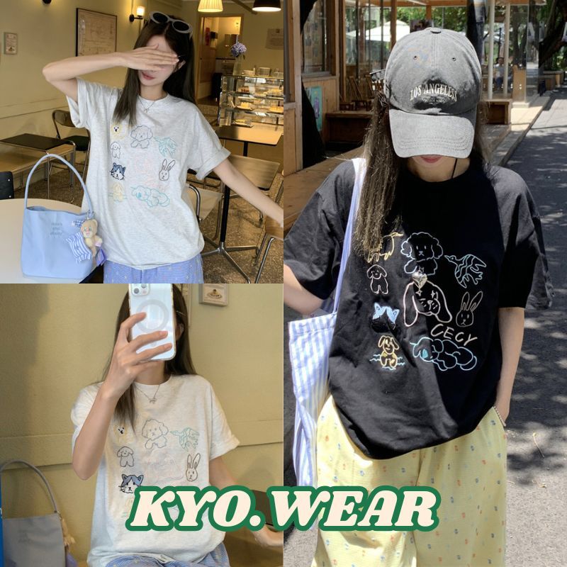 KYO 🌸 เสื้อยืดผู้หญิง แฟชั่น สไตล์ลำลอง OVERSIZE พิมพ์ลาย "Five flowers" ผ้าCOTTON โคตรนุ่ม โคตรนุ่ม เสือใส่สบาย【COD】