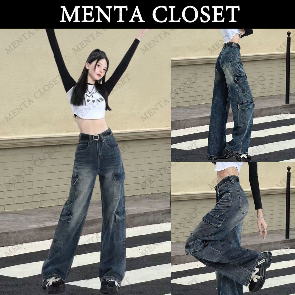 MentaCloset🖤 กางเกงยีนส์ขากว้างรุ่นใหม่ สไตล์อเมริกัน ทันสมัยและเข้ากับทุกสไตล์ กางเกงขายาวทรงตรง🩵V110