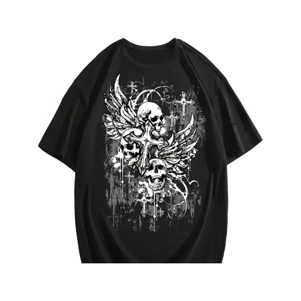 ทีเชิ้ตผู้ชาย ทีเชิ้ตโกธิคพิมพ์ลายกะโหลก แขนสั้นและเสื้อผ้าสตรีท Y2K