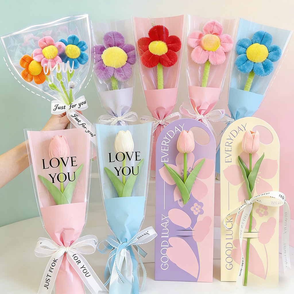 ช่อดอกไม้ดอกทานตะวันโรแมนติก Simultated Tulip Flower Handmade Suprising Gift for Valentines Day