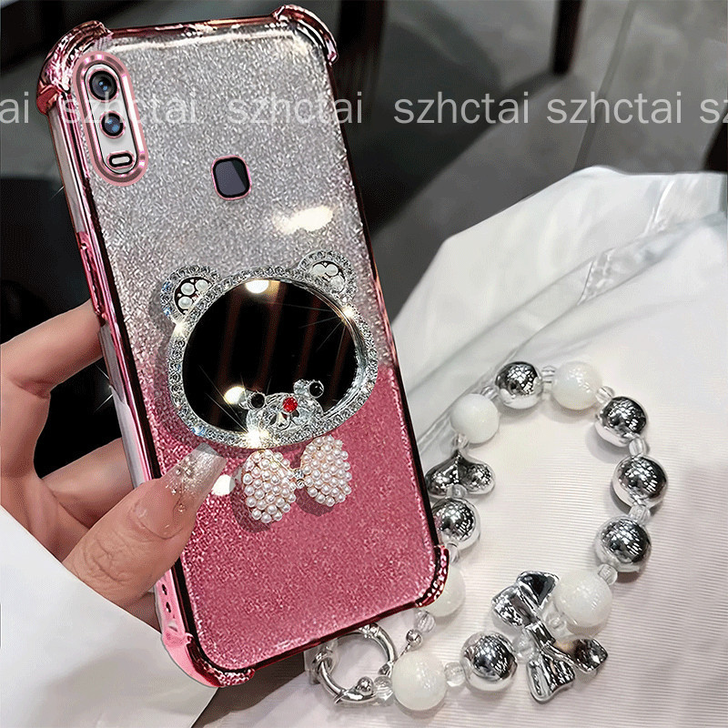 เคสสําหรับVivo Y11 Y12 Y15 Y17,Y19 ประกายเคสโทรศัพท์เพชรหมีแต่งหน้ากระจกTPUกันกระแทกฝาครอบป้องกันด้วยลูกปัดสายรัดข้อมือสร้อยข้อมือเชือกเส้นเล็ก