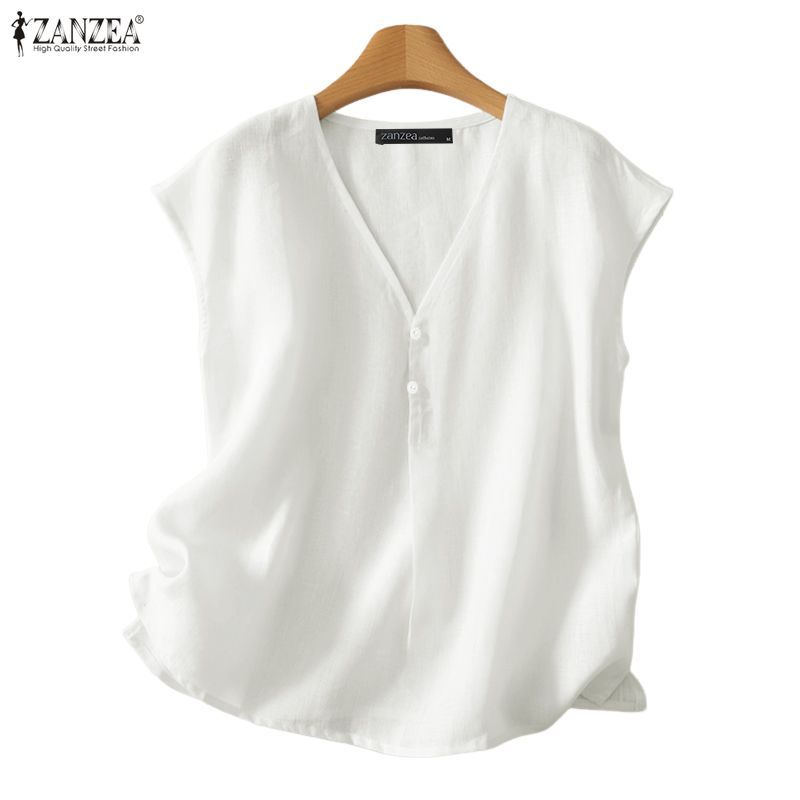 ZANZEA เสื้อลายอเนกประสงค์สำหรับผู้หญิง ออกแบบสไตล์เกาหลี แขนสั้น มีกระดุม V-neck ทำจากผ้าฝ้ายและลินิน เหมาะสำหรับวันหยุดและสวมใส่ในช่วงฤดูร้อน